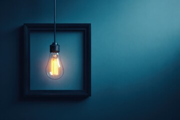 Glowing filament bulb hangs within a dark square frame against a teal wall, casting a warm light