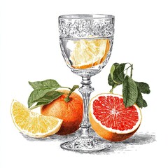 Vintage glass with citrus fruits including orange lemon and grapefruit in detailed engraving sketch style