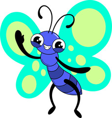 Blue cartoon insect is waving in flat design with spotted teal wings on transparent background