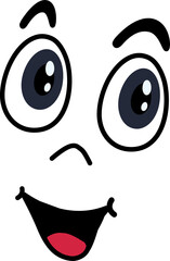 Stylized cartoon face emoticon showing exaggerated eyes and broad grin on transparent background