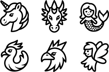 Obraz premium Fairytale Creature Heads Set Unicorn Dragon Mermaid Phoenix Griffin Fairys