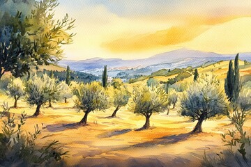 Watercolor illustration of a sunlit olive grove in a Mediterranean landscape with rolling hills and distant mountains
