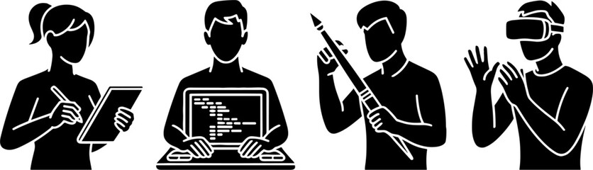 Technology Professionals Working Digital Tablet Coding Rocket VR Interaction