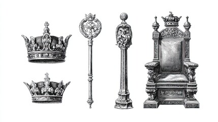 Royal symbols of monarchy including throne and crowns in antique style detailed engraving sketch drawing