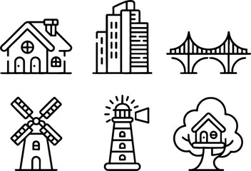 Fototapeta premium Set of Buildings House Skyscraper Bridge Windmill Lighthouse Treehouse