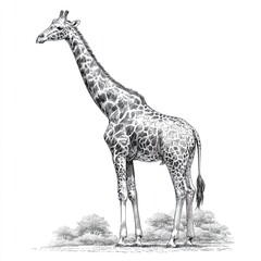 Engraving sketch of standing giraffe with detailed fur pattern and long neck in vintage black and white style