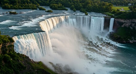 Fototapeta premium Majestic waterfall cascading over rocky cliffs, mist rising into golden sunlight, lush greenery surrounds