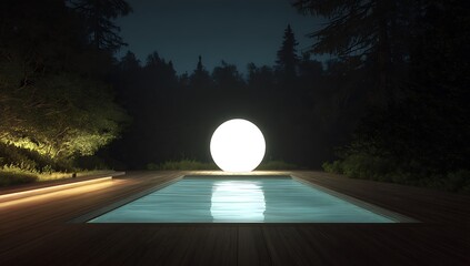 Floating sphere glowing in pool during night in surreal scene