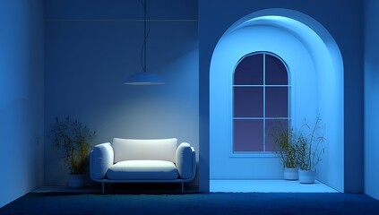 Futuristic interior with glowing blue doorway in minimal lounge room