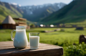 Fresh milk in glass and jug on wooden table in alpine field