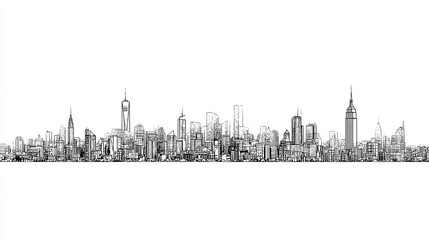 Sketch engraving of panoramic city skyline with modern and historic skyscrapers in black and white style