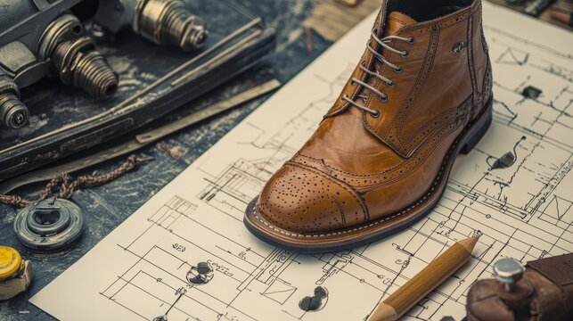 Crafting a classic leather shoe with intricate detailing on design plans and tools in a workshop