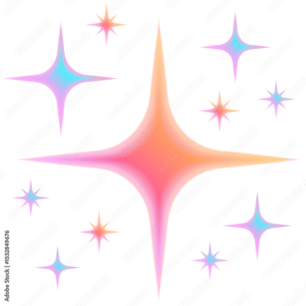 Poster cluster of glowing abstract star shapes is floating on transparent canvas, with flat gradient fills