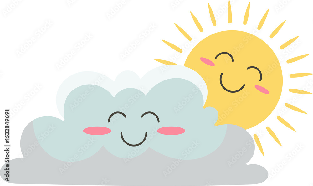 Poster smiling cloud and sun are floating in flat design with rosy cheeks over transparent background