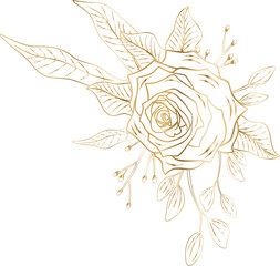 Flat gold-lined rose is appearing as corner accent with leaves and buds transparent background