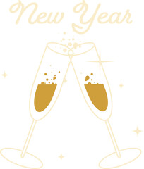 On transparent background, champagne flutes are clinking in flat design with bubbles, New Year text