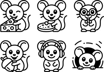 Cute Mouse Character Set Eating Cheese Acorn Music Headphones