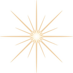 Flat design starburst is glowing on transparent background, radiating warm gold tapered rays