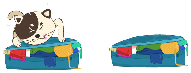 Cartoon kitten is peeking from teal suitcase beside one filled with clothes, transparent background