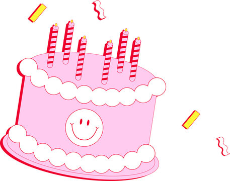 Naklejki Vector pink two-tier cake is floating on transparent backdrop with lit striped candles and confetti