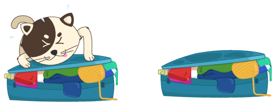 Cartoon kitten is peeking from teal suitcase beside one filled with clothes, transparent background - Powered by Adobe