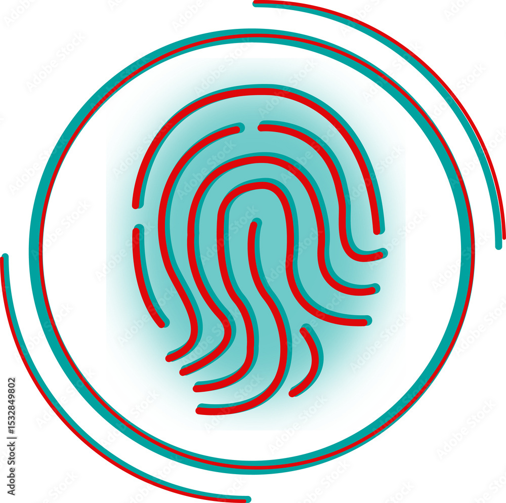 Poster fingerprint motif is showing in flat design on transparent canvas, featuring teal box and red rings