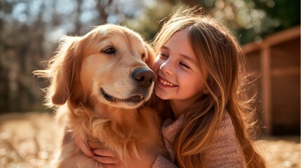 Happy Child with Pet Dog, Love, Friendship, Emotional Bond, Family Moment, Warm Natural Light