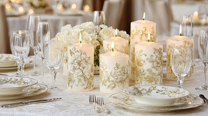Elegant wedding table setting with ornate ivory candles, floral centerpiece, fine china, and glassware