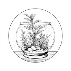 Sketch engraving of glass fishbowl with aquatic plants and stones in black and white vintage illustration