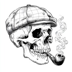 Sketch engraving of skull wearing flat cap and smoking pipe with curling smoke in vintage tattoo style