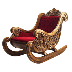 Ornate wooden sleigh chair with red velvet seat (1)