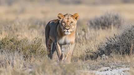Naklejka premium Majestic lioness portrait, direct gaze, walking amidst grassland scenery