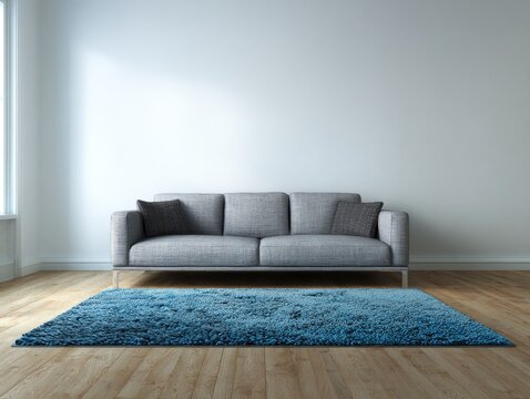 Minimalist living room with gray sofa, blue rug, and light hardwood floors against a white wall, sunlit