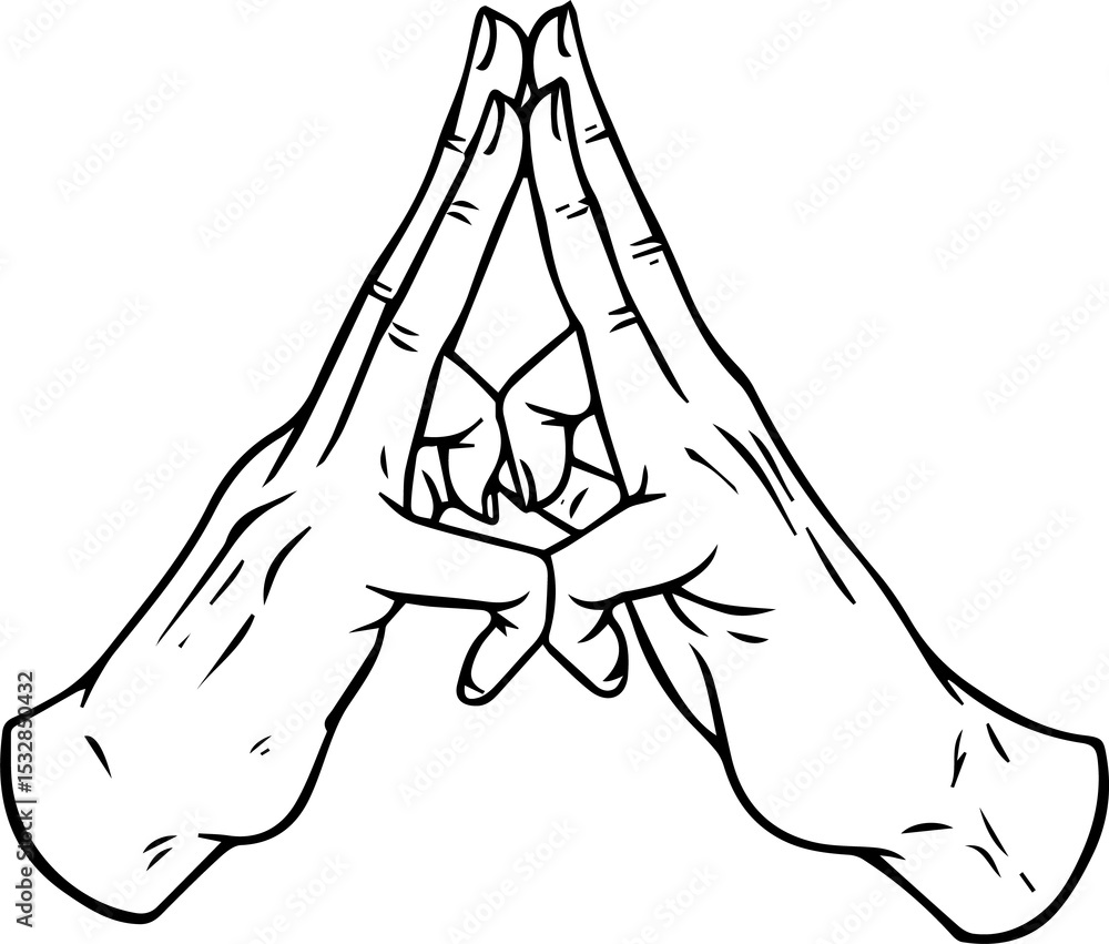 Poster displaying black line-drawing two hands forming triangle shape with contours on clear background