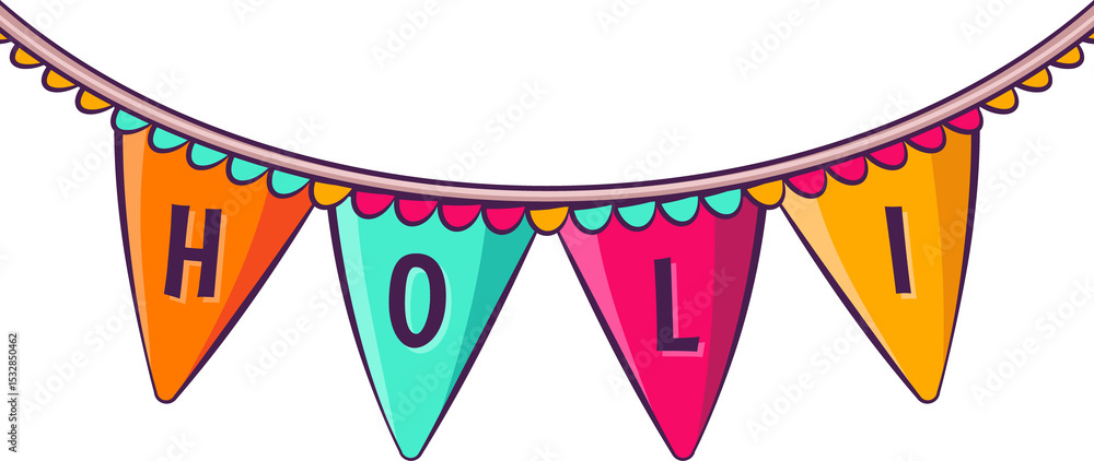 Poster flags spelling holi are hanging on scalloped cord in flat design with transparent background