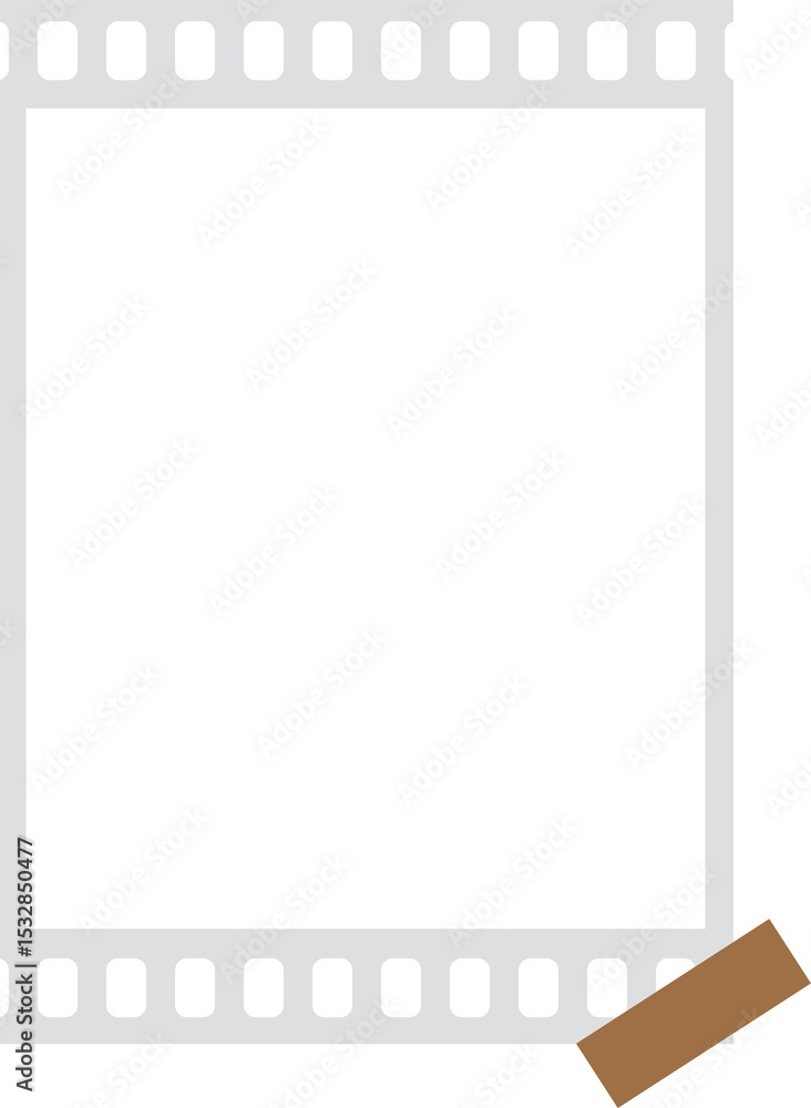 Poster flat empty filmstrip frame is floating on transparent backdrop with sprocket holes and brown tape