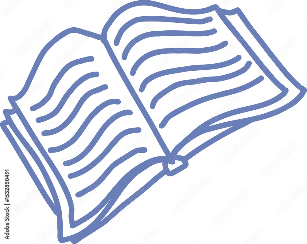Poster monochrome line-art open book illustration is floating on transparent canvas showing wavy line text