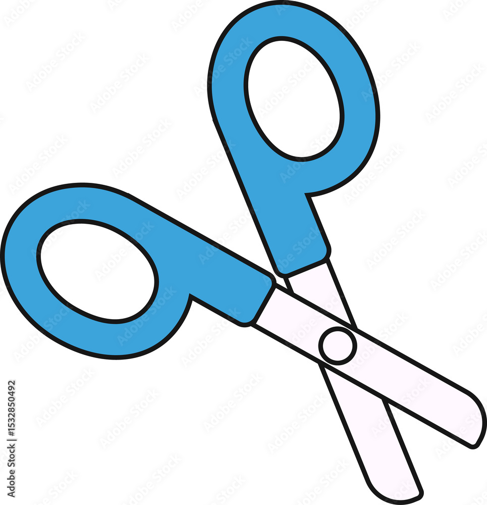 Poster flat scissors icon is floating at diagonal angle with blue plastic handles, transparent background