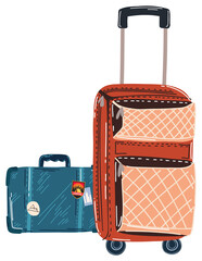 Showing flat luggage on transparent background, featuring orange suitcase and teal stickered bag