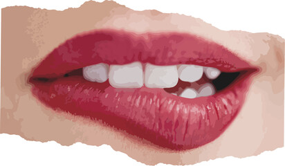 Lips are biting lower lip in flat art with red lipstick and white teeth, transparent background
