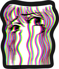 Stylized face fragment is floating on transparent background in flat with glitch lines, anime eyes