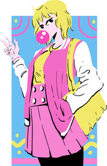 Female figure is blowing gum bubble and flashing peace sign in vector design, transparent backdrop