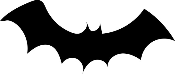 Black bat silhouette is showing outstretched wings and ears on transparent background, flat design