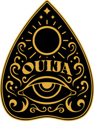 Featuring flat Ouija planchette with occult celestial motifs, eye symbol on transparent background