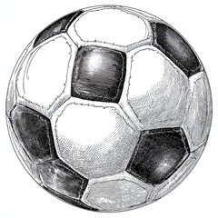 Sketch engraving of traditional black and white soccer ball in vintage style with detailed texture and lines