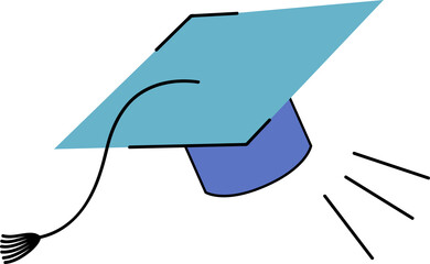 Mortarboard cap icon showing flat blue design with black tassel and lines on transparent background