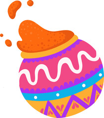 Stylized striped vessel is bursting with foamy orange liquid splashing on transparent background