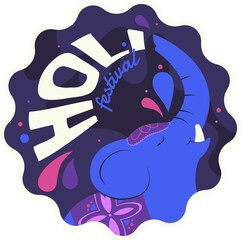 Flat blue elephant head is featuring holi festival text, raised trunk and drops on clear background