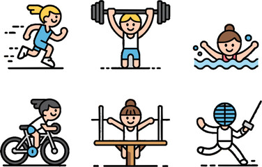 Kids Performing Various Sports Running Weightlifting Swimming Cycling Gymnastics Fencings