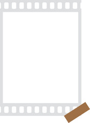 Flat empty filmstrip frame is floating on transparent backdrop with sprocket holes and brown tape